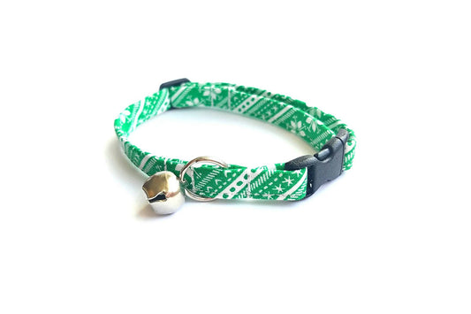 Green Nordic Stripe Winter Cat Collar - Christmas Cat Collar - Breakaway Cat Collar - Handmade by Kira's Pet Shop