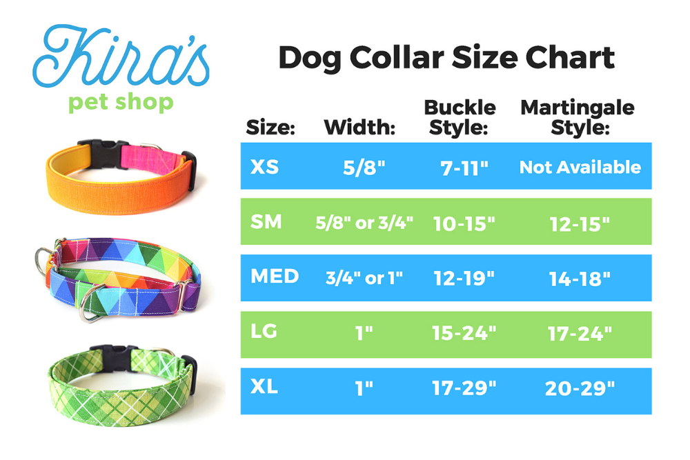 Kira's Pet Shop Dog Collar Size Chart - Choose from XS, Small, Medium, Large or XL