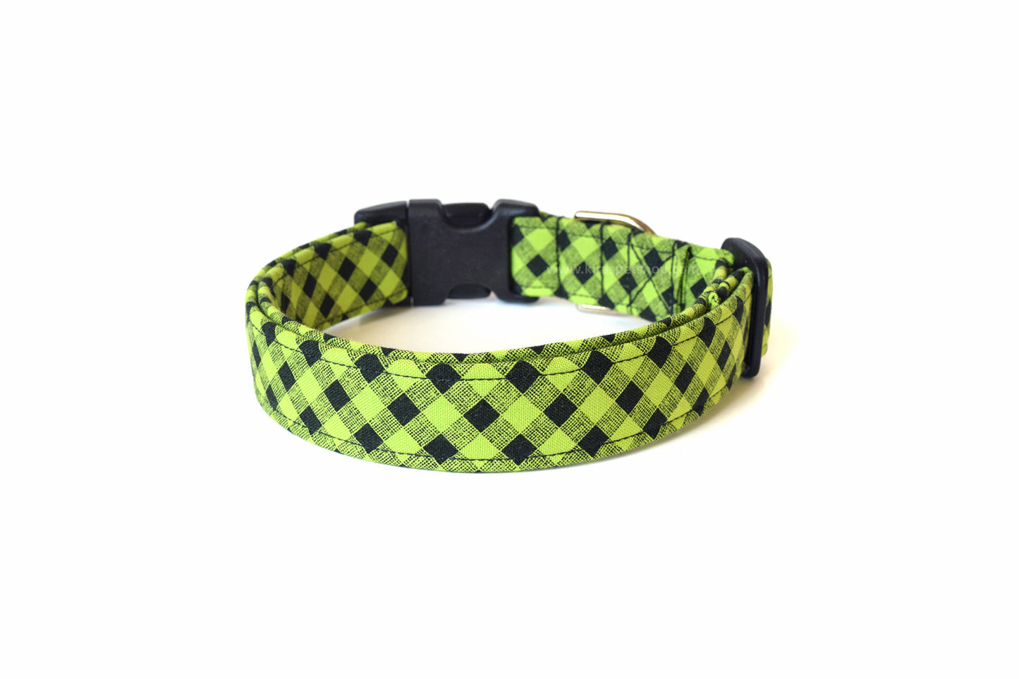 Lime Green & Black Plaid Dog Collar - Handmade by Kira's Pet Shop