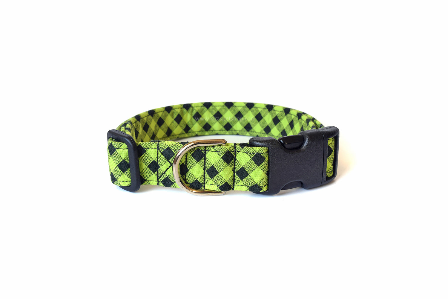 Lime Green & Black Plaid Dog Collar - Handmade by Kira's Pet Shop