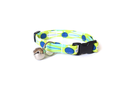 Lime Green Cat Collar - Green with Navy Blue Dots - Breakaway Cat Collar - Handmade by Kira's Pet Shop