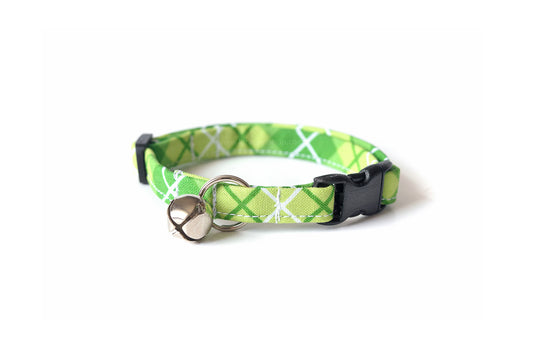 Lime Green Cat Collar - Green Plaid Cat Collar - Breakaway Cat Collar - Handmade by Kira's Pet Shop