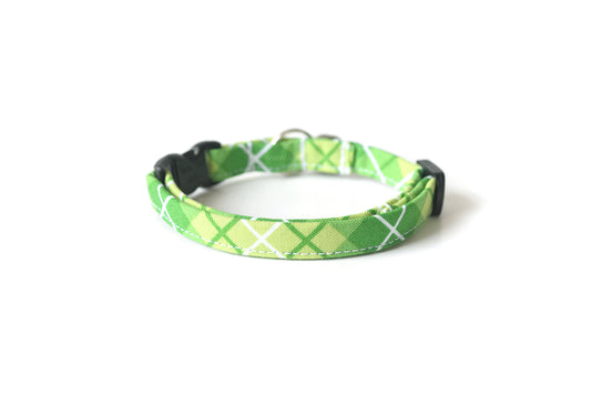 Lime Green Cat Collar - Green Plaid Cat Collar - Breakaway Cat Collar - Handmade by Kira's Pet Shop