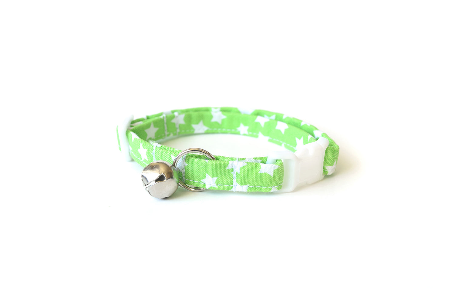 Lime Green Cat Collar - Green & White Stars - Breakaway Cat Collar - Handmade by Kira's Pet Shop