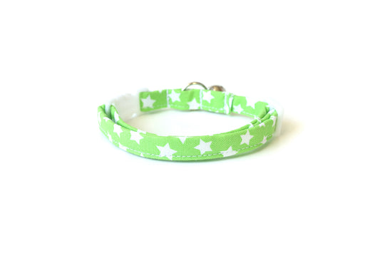 Lime Green Cat Collar - Green & White Stars - Breakaway Cat Collar - Handmade by Kira's Pet Shop