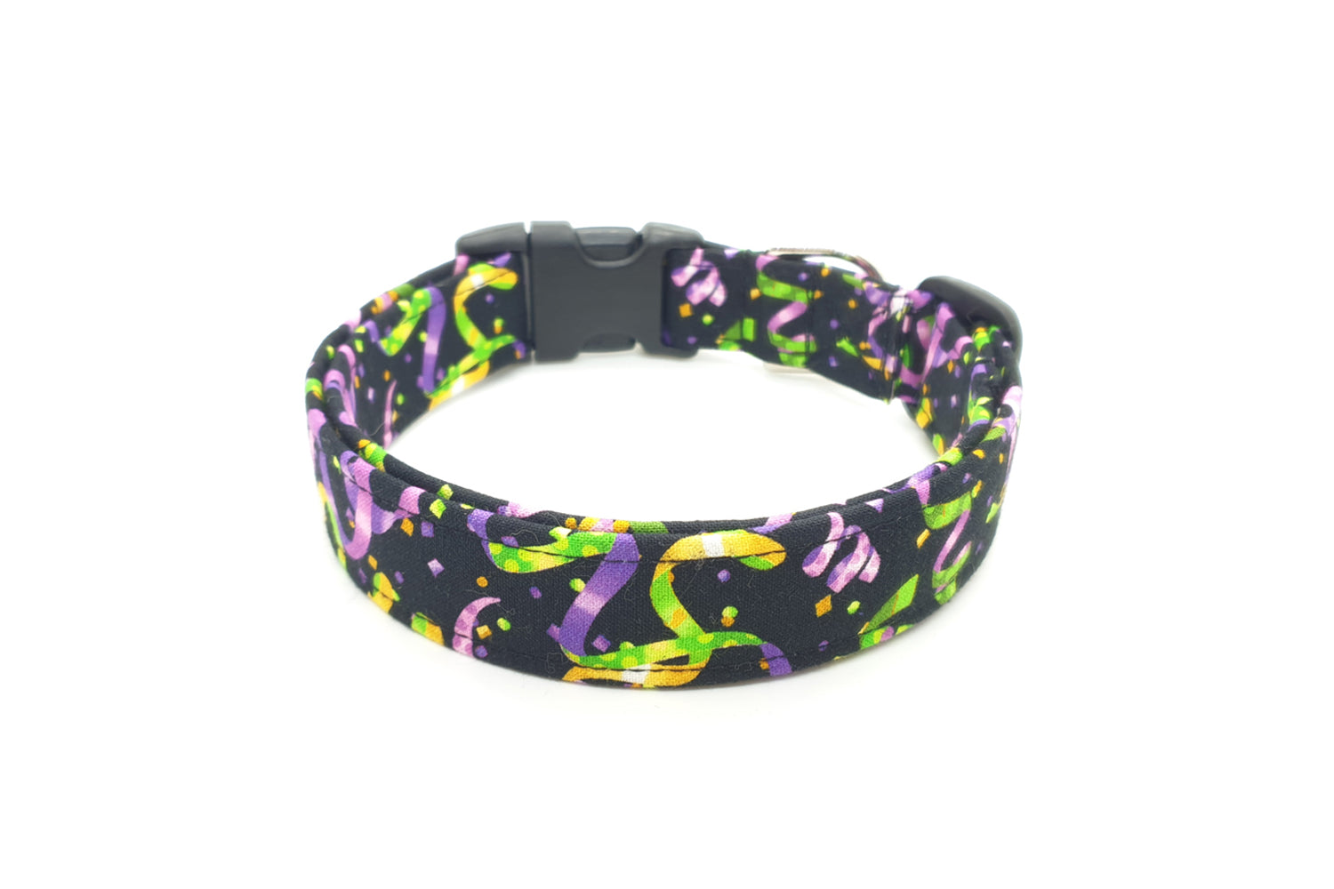 Purple, Gold & Green Mardi Gras Ribbons on Black Dog Collar - Handmade by Kira's Pet Shop