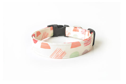 Modern Trendy Abstract Dog Collar - Off-White with Salmon Pink, Green & Mauve Accents - Handmade by Kira's Pet Shop