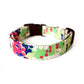 Mottled Green, Magenta Pink, Navy Blue & White Floral Dog Collar - Handmade by Kira's Pet Shop