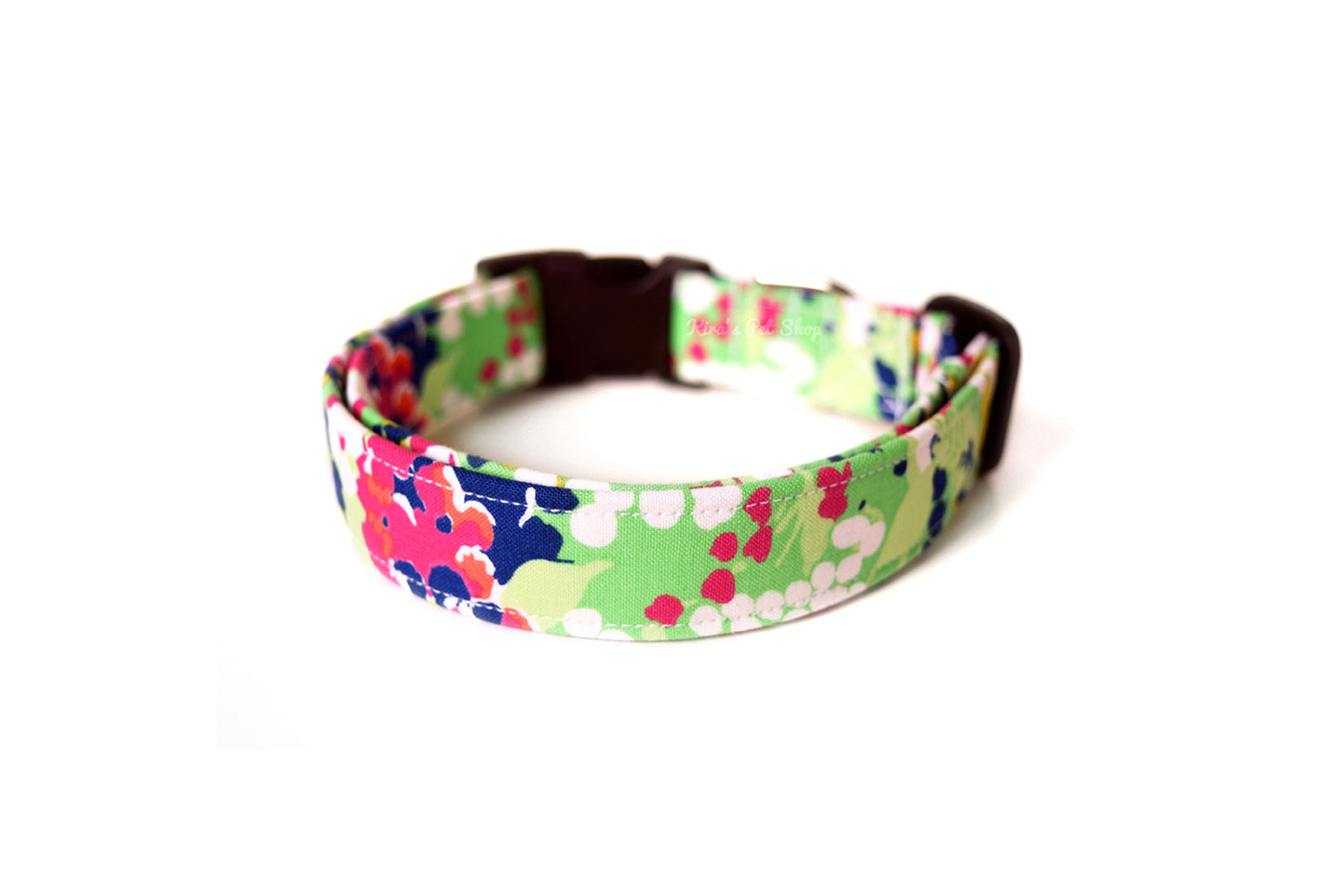 Mottled Green, Magenta Pink, Navy Blue & White Floral Dog Collar - Handmade by Kira's Pet Shop