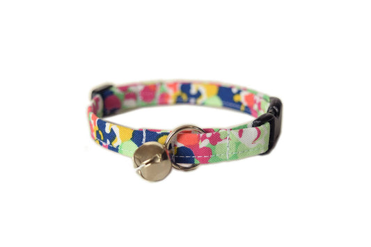Mottled Green, Blue, Pink & Yellow Floral Cat Collar - Breakaway Cat Collar - Handmade by Kira's Pet Shop