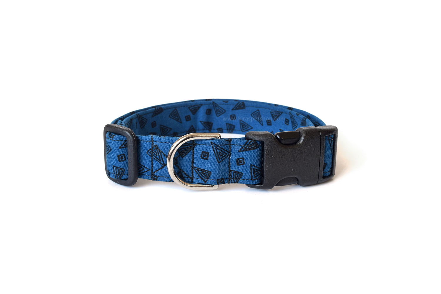 Navy Blue Dog Collar with Retro Black Triangle Design - Handmade by Kira's Pet Shop