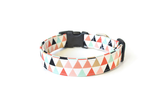 Geometric Triangles Dog Collar - Multicolor Pink, Gold, Black, Mint Pastel Triangle Pattern on White - Handmade by Kira's Pet Shop