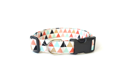 Geometric Triangles Dog Collar - Multicolor Pink, Gold, Black, Mint Pastel Triangle Pattern on White - Handmade by Kira's Pet Shop