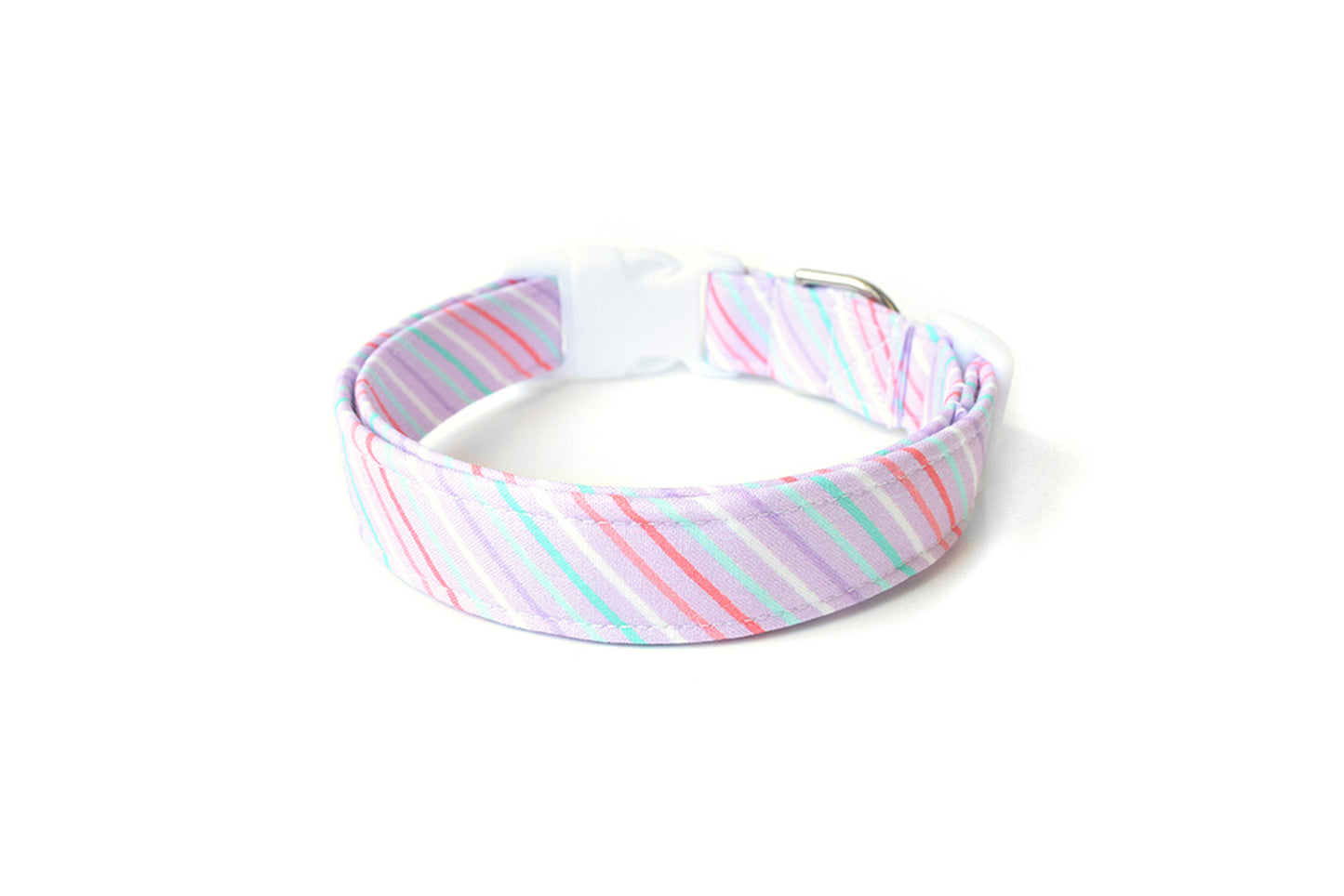 Pastel Purple Dog Collar with Pink, White & Teal Stripes - Handmade by Kira's Pet Shop