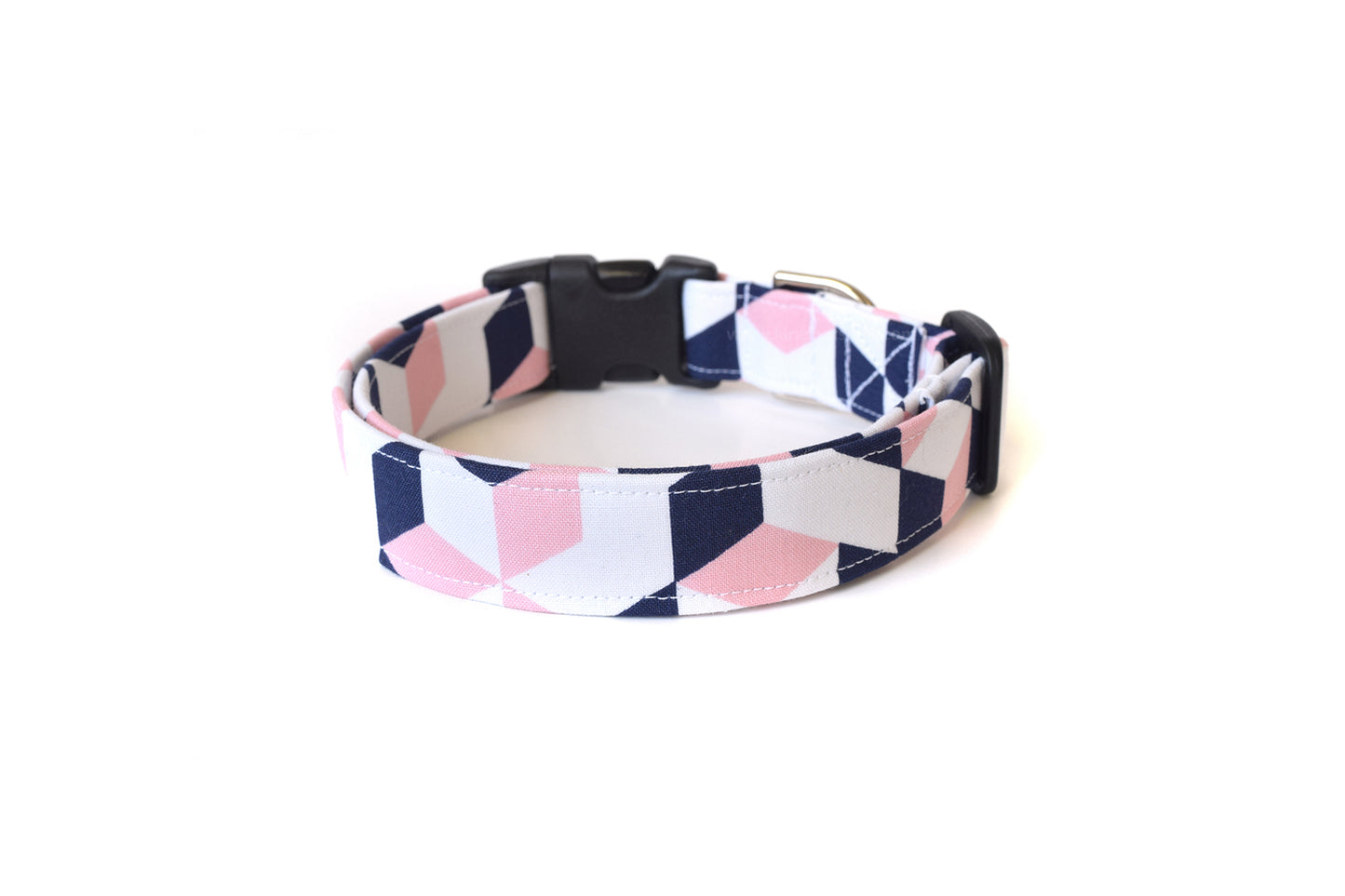 Pale Pink, White & Navy Blue Geometric Dog Collar - Handmade by Kira's Pet Shop