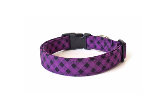 Purple & Black Plaid Dog Collar - Handmade by Kira's Pet Shop