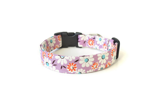 Lavender Purple Floral Dog Collar - Lilac Purple with White & Orange Flowers - Handmade by Kira's Pet Shop