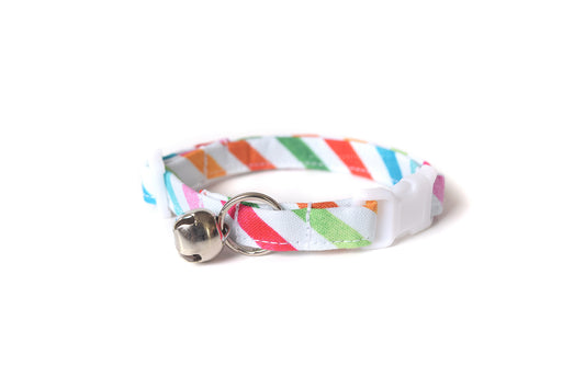 Candy Rainbow Stripe Cat Collar - Colorful Stripes on White - Breakaway Cat Collar - Handmade by Kira's Pet Shop