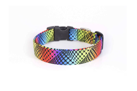 Rainbow Dots on Black Dog Collar - Handmade by Kira's Pet Shop