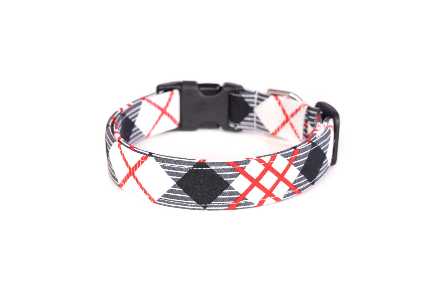 Red, Black, White & Gray Plaid Dog Collar - Handmade by Kira's Pet Shop