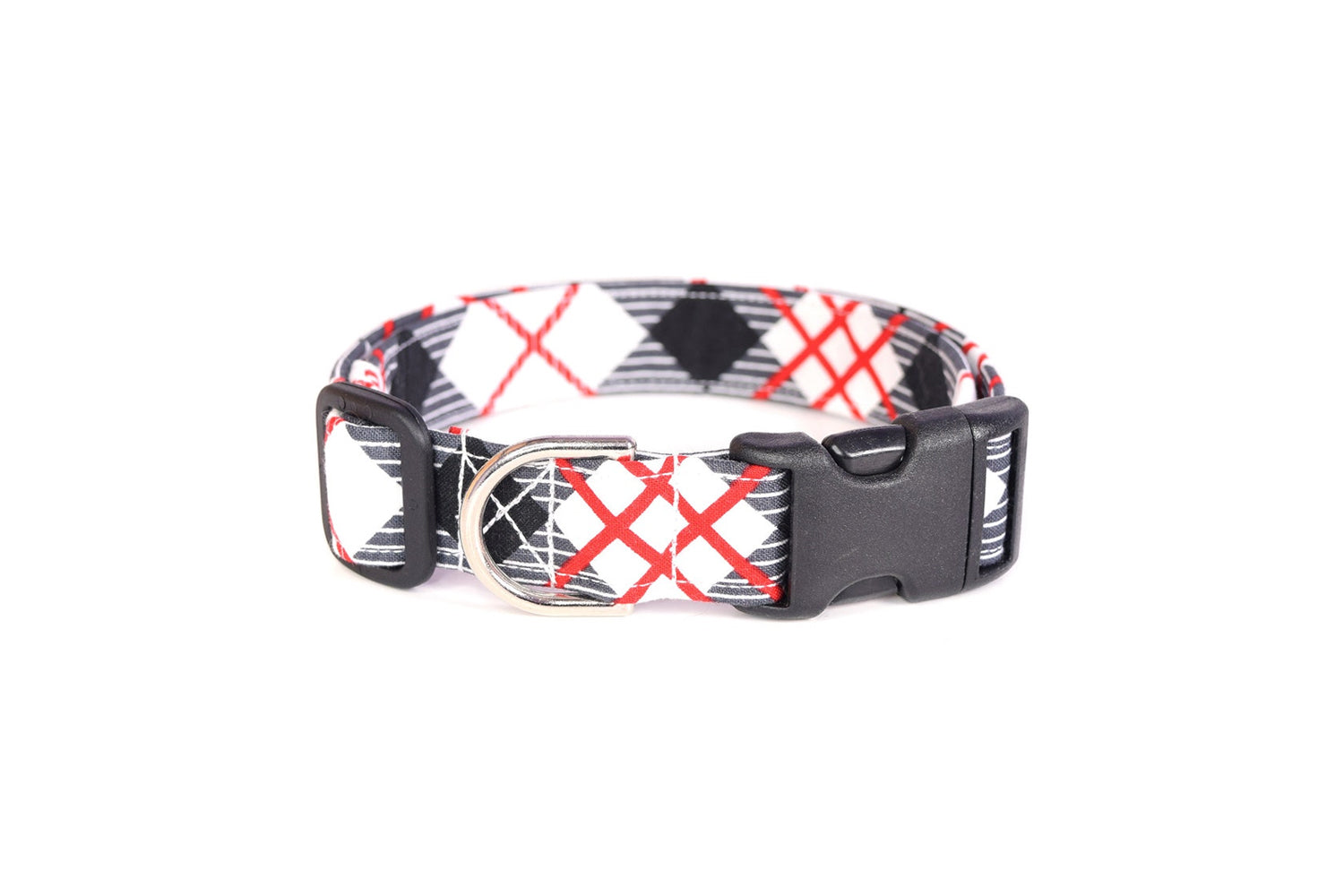 Red, Black, White & Gray Plaid Dog Collar - Handmade by Kira's Pet Shop