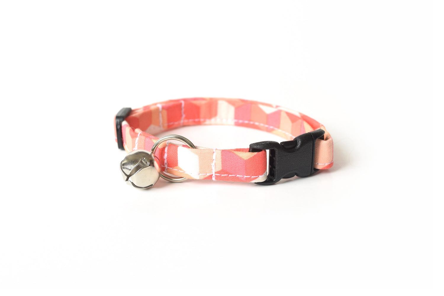 Salmon Pink Cat Collar - Coral Pink Geometric Cubes - Breakaway Cat Collar - Handmade by Kira's Pet Shop