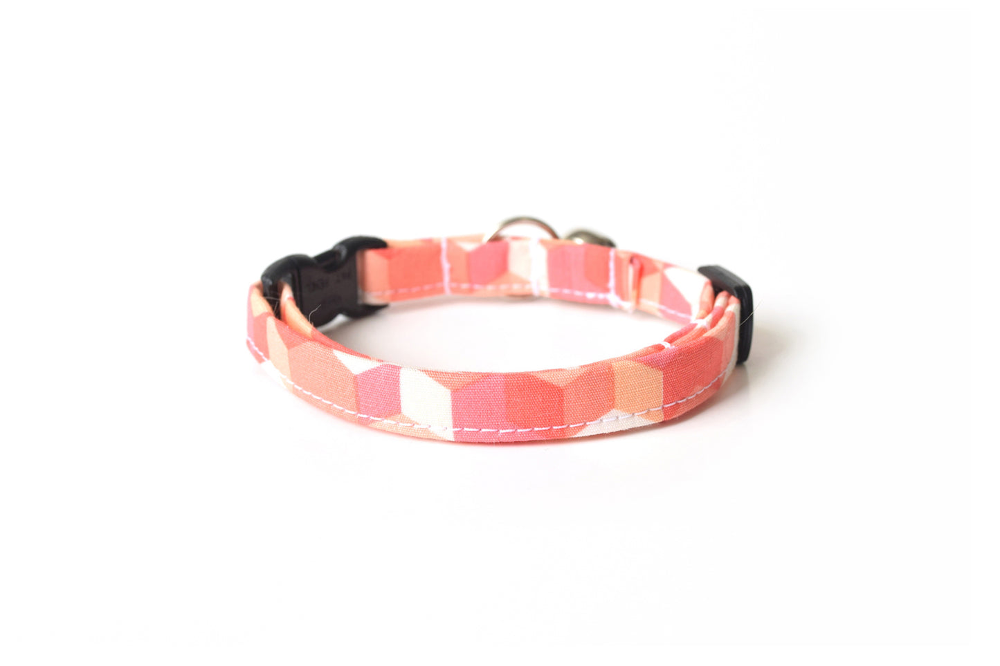 Salmon Pink Cat Collar - Coral Pink Geometric Cubes - Breakaway Cat Collar - Handmade by Kira's Pet Shop