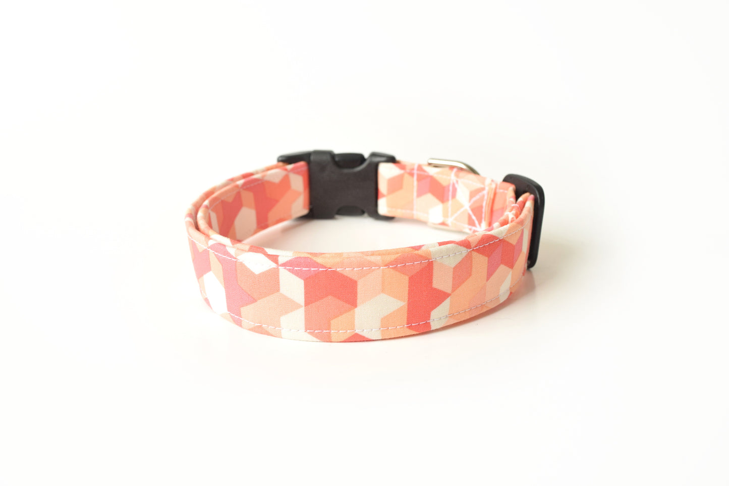 Salmon Pink Geometric Cubes Dog Collar - Handmade by Kira's Pet Shop