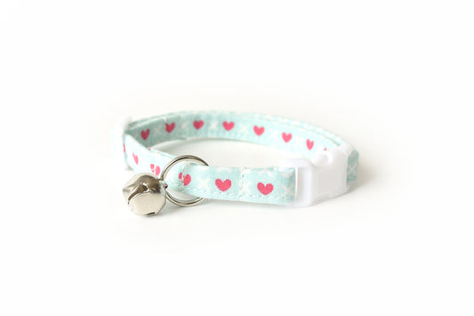 Mint Seafoam Cat Collar - Seafoam Green with Pink Hearts - Valentine's Day Cat Collar - Breakaway Cat Collar - Handmade by Kira's Pet Shop