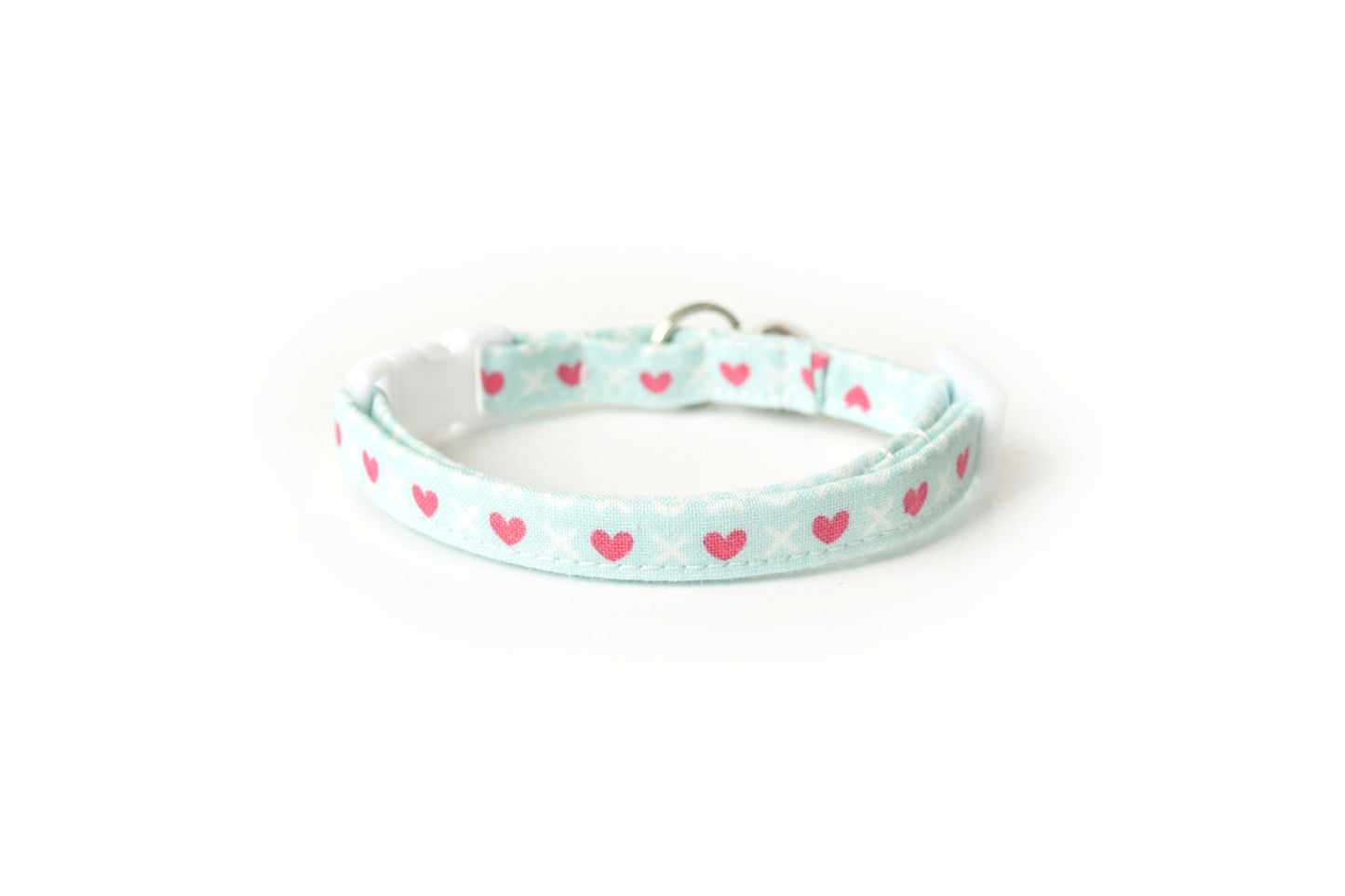Mint Seafoam Cat Collar - Seafoam Green with Pink Hearts - Valentine's Day Cat Collar - Breakaway Cat Collar - Handmade by Kira's Pet Shop