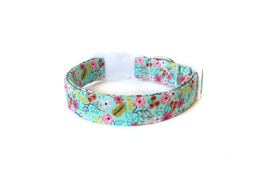 Turquoise Multicolor Floral Dog Collar - Handmade by Kira's Pet Shop