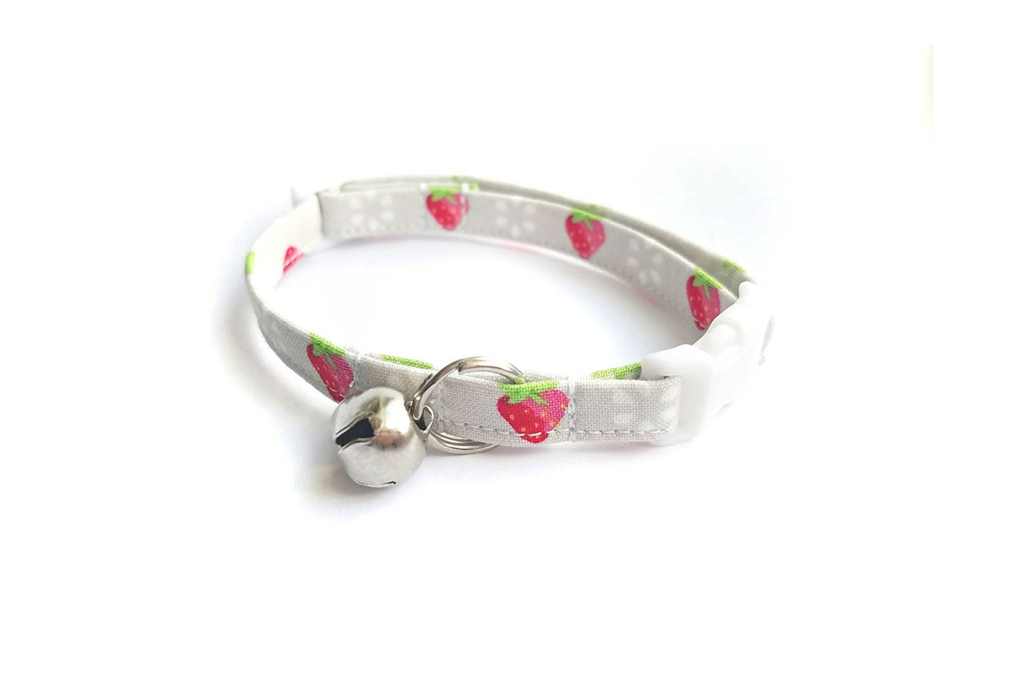 Strawberry Cat Collar - Gray Breakaway Cat Collar with Strawberries - Handmade by Kira's Pet Shop