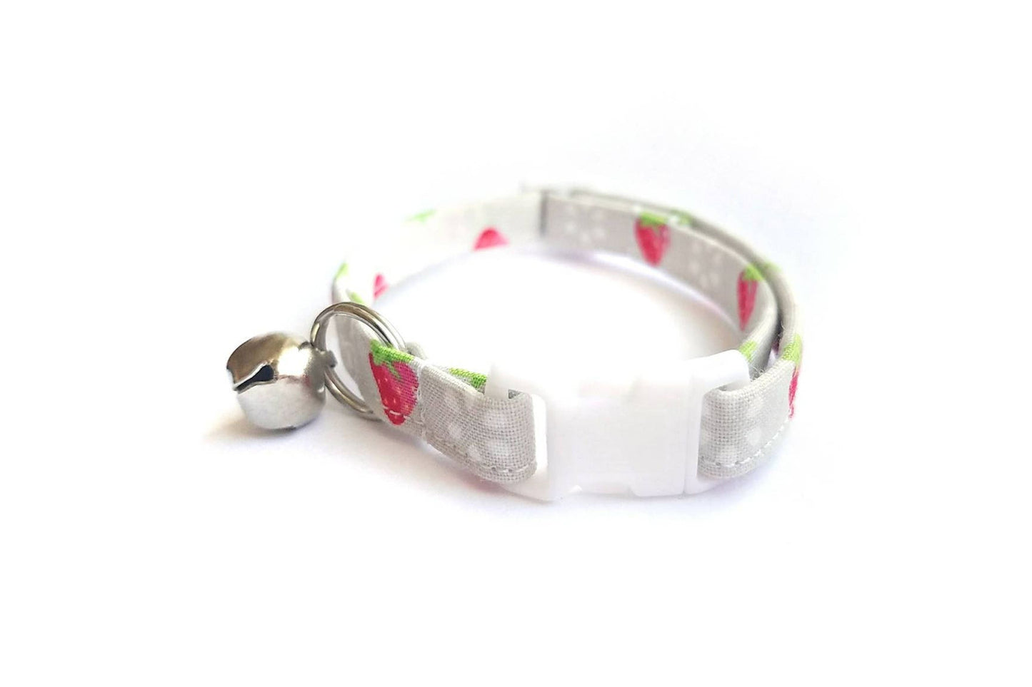 Strawberry Cat Collar - Gray Breakaway Cat Collar with Strawberries - Handmade by Kira's Pet Shop