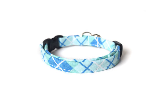 Sky Blue Plaid Cat Collar - Teal Blue Plaid Breakaway Cat Collar - Handmade by Kira's Pet Shop