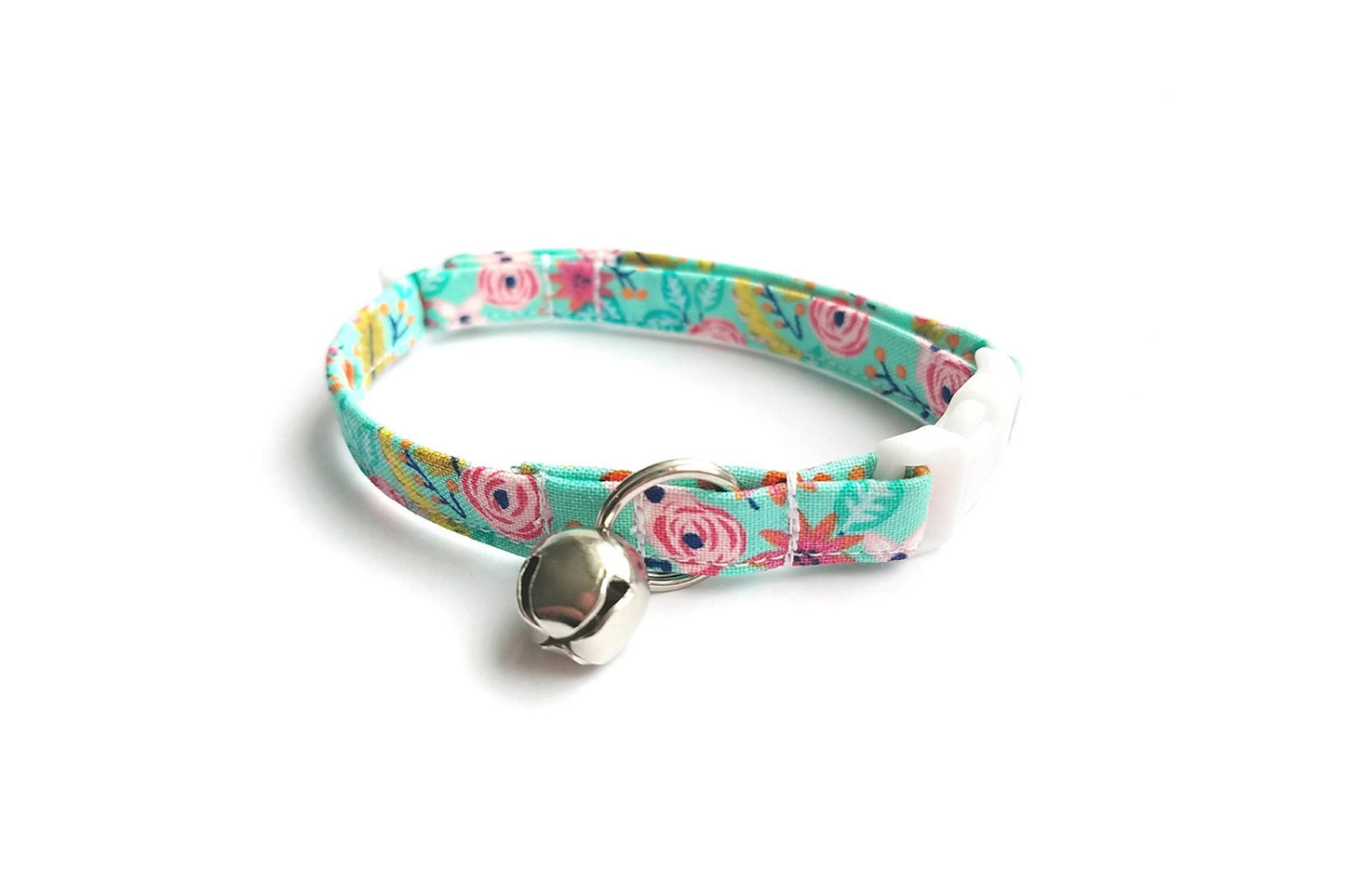 Turquoise Floral Cat Collar - Teal Blue Floral Breakaway Cat Collar - Handmade by Kira's Pet Shop